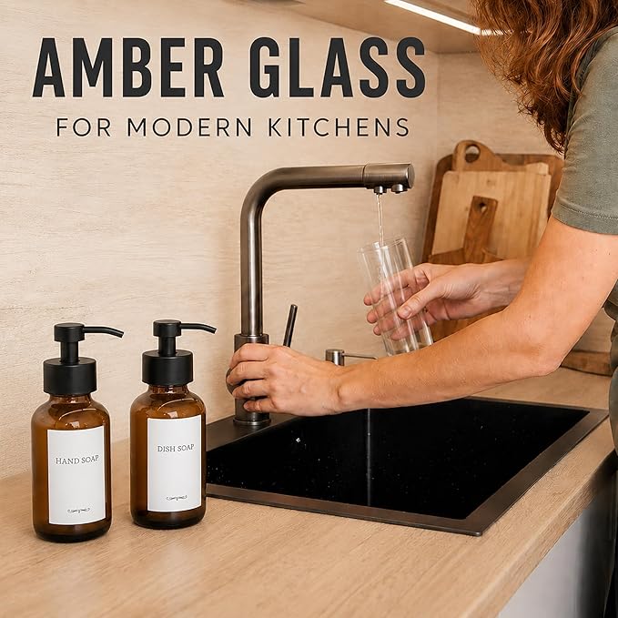2Pcs Amber Glass Foaming Soap Dispenser - 8.5 oz Amber Glass Soap Dispenser with Pump, Compatible with Hand Soap, Dish Soap, Shampoo and Gel, Durable, Stylish & Refillable for Bathroom and Kitchen