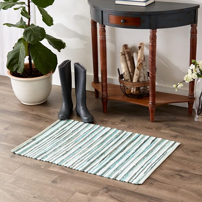 DII Chindi Home Collection Cotton Handwoven Slim Stripe Area Rag Rug, 2x3', Aqua