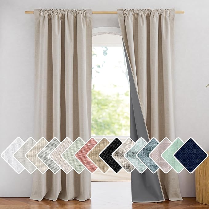 NICETOWN Rod Pocket Full Blackout Natural Linen Curtains 102" Length with Thermal Insulated Liners for Living Room, Farmhouse Style Keep Cool & Warm Large Window Drapes for Hall (2 Panels, 52" Wide)