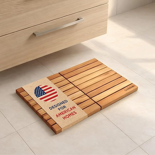 Premium 24"x16" Solid Teak Wood Shower Mat, Foldable Teak Bath Mat, Fast-Drain Slatted Design, Non-Slip Feet, Water-Resistant, for Bathroom, Door, Sauna, Indoor & Outdoor, 385 Lbs Capacity