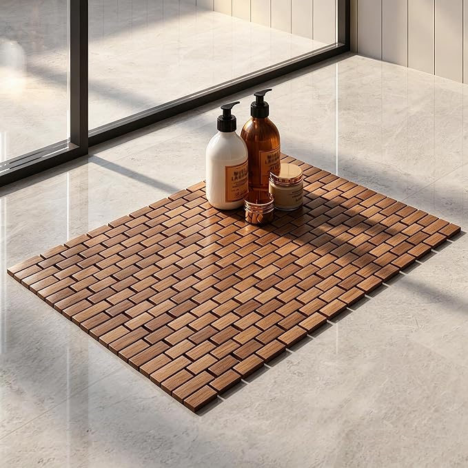 23.62"x 15.75" Teak Wood Bath Mat, Foldable Non-Slip Shower Mat for Bathroom, Quick-Dry Floor Mat for Bathtub, Spa, Sauna, Outdoor