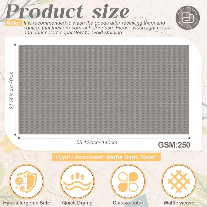 SmoothNovelty 4 Pack 100% Cotton Waffle Bath Towels 28 x 55 Inch Oversize Waffle Weave Towel Quick Dry Absorbent Soft Lightweight Blanket for Bathroom Shower Spa Yoga Beach Pool Travel, Gray