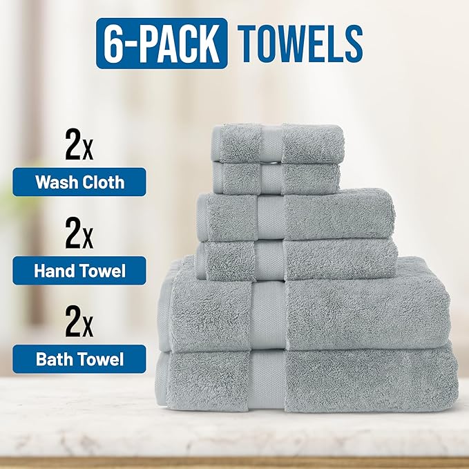 TOWELTIQUE- Organic Cotton Plush Bath Towels Pack of 6 GOTS & Oeko- TEX Certified | Premium Soft, Absorbent & Quick-Drying Towels for Bathroom, Gym, Spa & Hotel Use – Light Gray