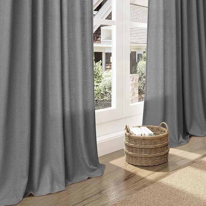 Dark Grey Linen Curtains 90 Inch Length 2 Panel Set for Living Room Light Filtering Elegant Farmhouse Curtain Rod Pocket Back Tab Window Drapes 90 Inches Long for Dining Room Bedroom Nursery 52x90