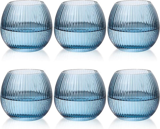 JOVGANK Blue Ribbed Drinking Glasses Set of 6-10.8 OZ Stemless Wine Champagne Whiskey Cocktail Glass, Reusable Wine Cups for Home Party Wedding Bar