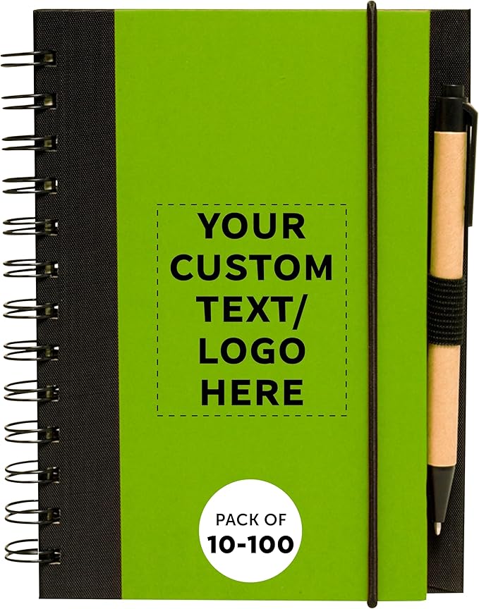 DISCOUNT PROMOS Custom Eco Block Notebooks with Pens Set of 10/50/100, Personalized Bulk Pack - Perfect for School, Office, Business, Home - Lime Green