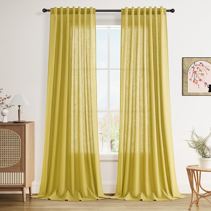 Nanspring Celery Yellow Linen Curtains 90 Inches Long 2 Panel Set Back Tab Rod Pocket Light Weight Semi Sheer Neutral Farmhouse Decor for Living Room and Bedroom 52x90