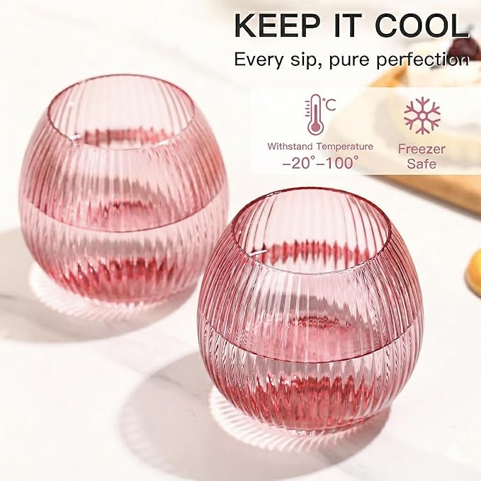 JOVGANK Pink Ribbed Drinking Glasses Set of 6-10.8 OZ Stemless Wine Champagne Whiskey Cocktail Glass, Reusable Wine Cups for Home Party Wedding Bar