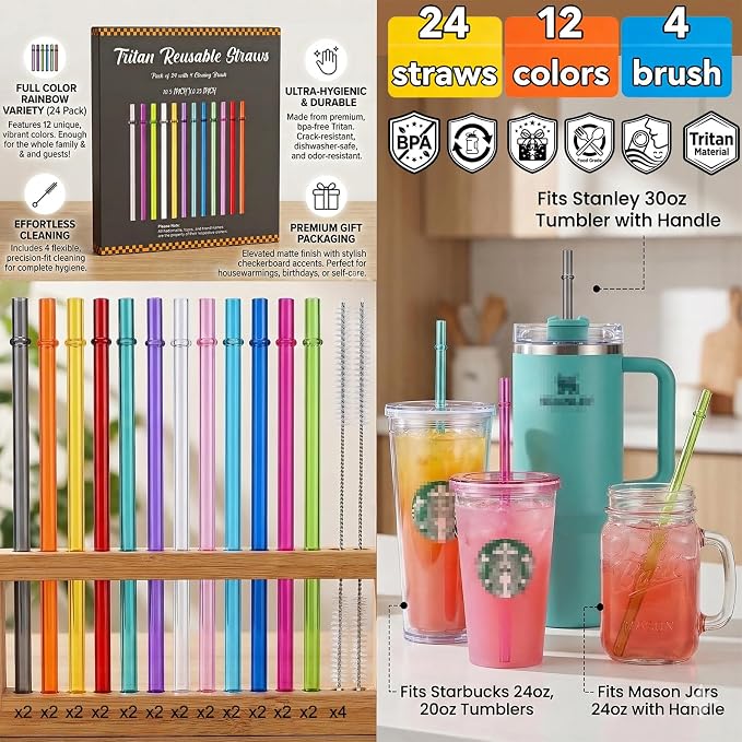 ALINK 24 Pcs Reusable Straws, 10.5 Inch Long Tritan Hard Plastic Straws with 4 Brushes, 12 Colors Clear Repacement Straw for 30oz 20oz 16oz Tumbers, Stanley, Starbucks, YETI, Mason Jars, BPA Free