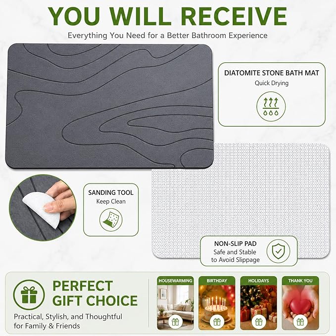 Stone Bath Mat – Non-Slip Diatomaceous Earth Shower Mat, Super Absorbent & Quick-Drying Bathroom Floor Mat, Easy-to-Clean Diatomite Bath Stone for Safer, Dryer Steps (23.6" x 15.4", Gray)