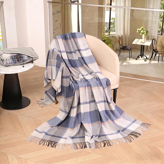 100% Wool Blanket Throw,Blue Plaid Wool Blanket with Compact Bag,Rustic Soft Lightweight Blanket for Couch,Sofa,Bed & Lounging Decoration, Warm Travel Blanket for Home, Airplane,Ideal Gifts 55"x83"