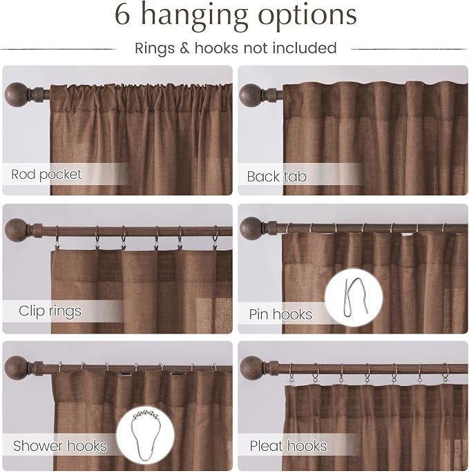 NICETOWN Thick Linen Semi Sheer Gold Brown Curtains for Famhouse, Pleat Tape Semi Sheer Drapes Privacy Added with Light Filtering Window Treatments for Bedroom, W52 x L95, 2 Panels
