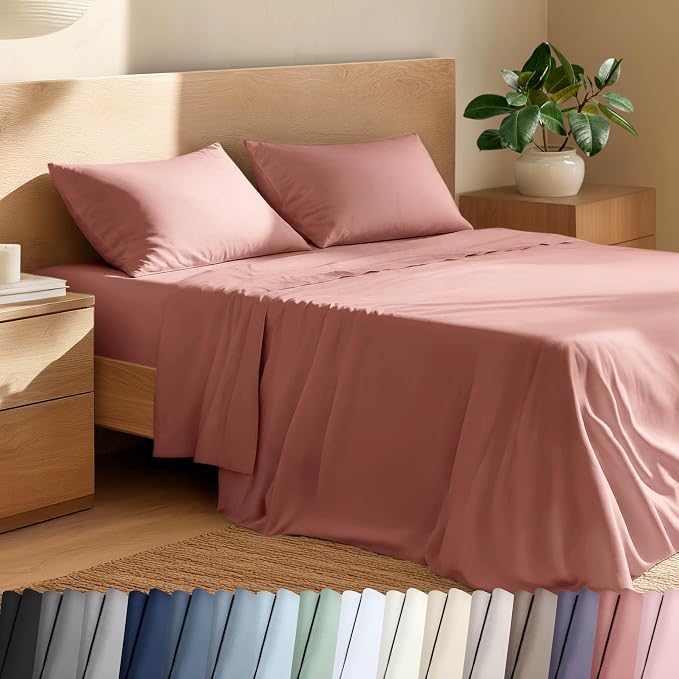 Bare Home 100% Organic Cotton Queen Sheet Set - Crisp Percale Weave - Lightweight & Breathable - Bedding Sheets & Pillowcases (Queen, Dusty Rose)