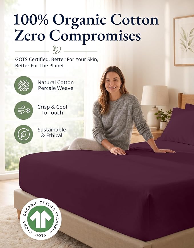LANE LINEN 100% Organic Cotton Twin Fitted Sheet, 2-Piece Set (1 Fitted Sheet, 1 Pillowcase), Percale Weave, Lightweight, Soft, Breathable, Fits Mattress Upto 15' Deep - Windsor Wine (No Flat Sheet)