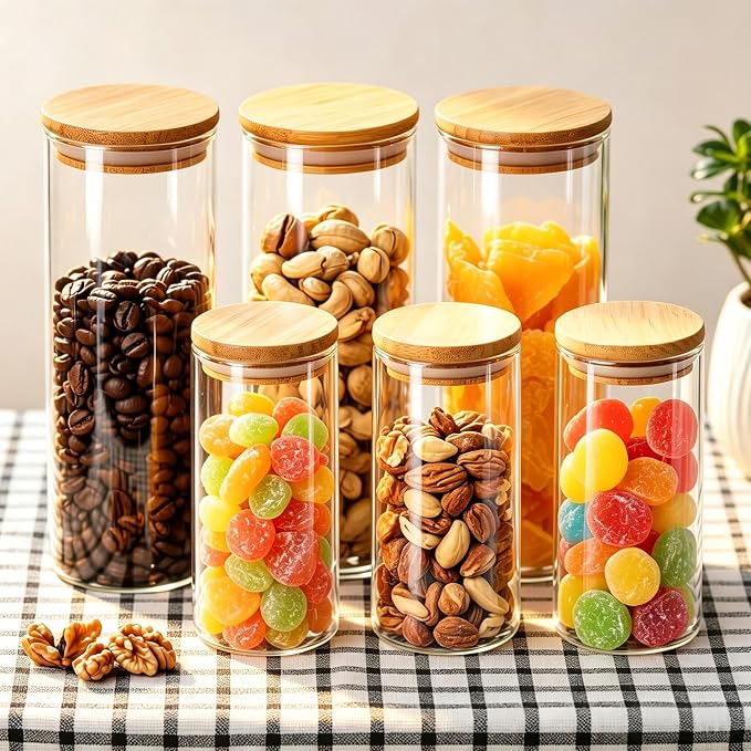 6pcs 2.25QT/1QT Glass Food Storage Containers with Lids | Extra Large 2.25QT(Set of 3) and 1QT (Set of 3) Storing Overnight Oats, Coffee, Spices, Candies, Flour, etc.,