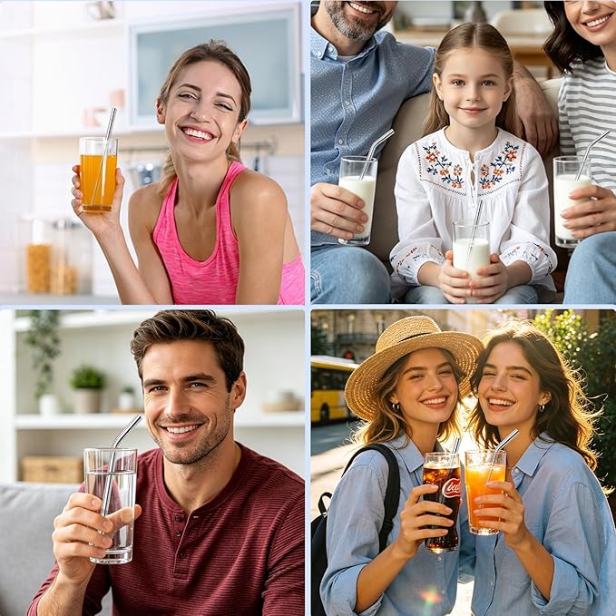 8 Pcs Metal Straws Reusable, 8.5" x 8 mm Reusable Metal Straws Stainless Steel Straws with 2 Cleaning Brush, 4 Straight 4 Bent Metal Drinking Straw for Cocktail Coffee Beverage