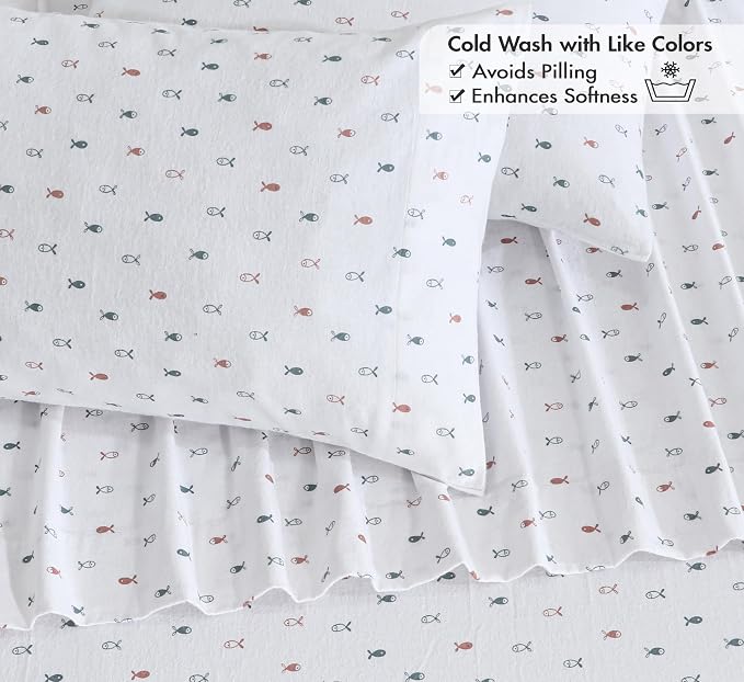 RUVANTI Flannel Sheets Full Size - 100% Cotton Double Brushed Bed Sheets Set, Deep Pockets 16 Inches, All Seasons Breathable & Extra Soft Full Sheets, Warm & Cozy, 4 Piece, Little Swimmers