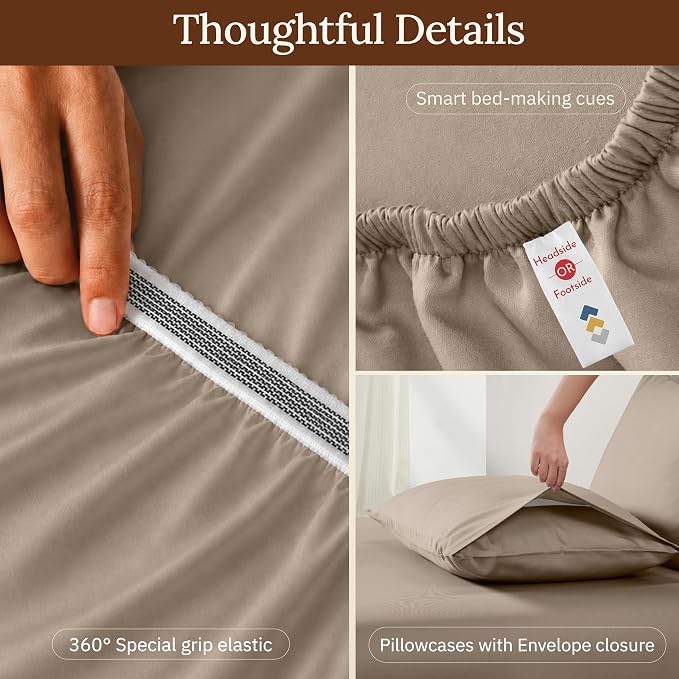 California Design Den Queen Sheets Set - 100% Organic Cotton, Soft and Lightweight Sateen, Deep Pocket Organic Sheets Queen, Durable Bedding - Warm Taupe