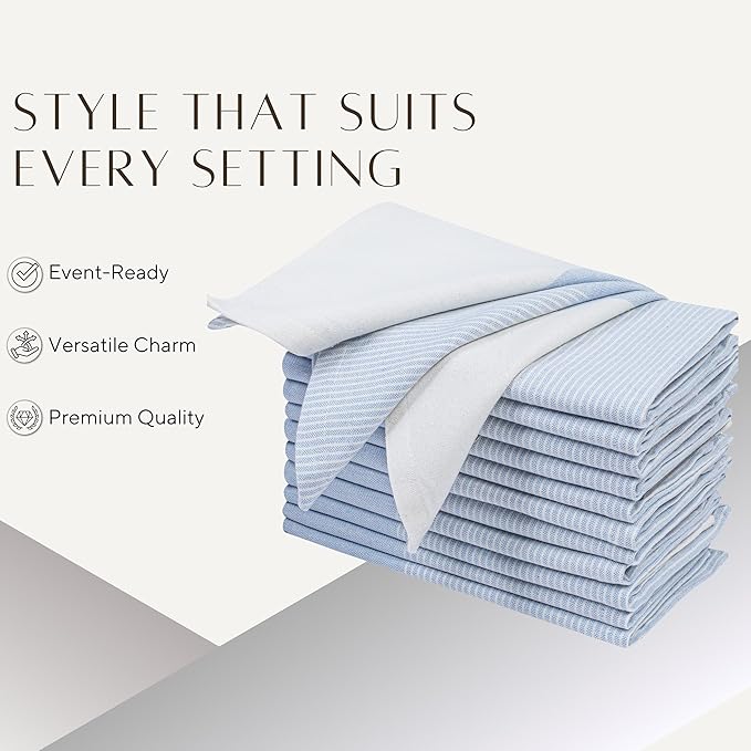Ramanta Home Cloth Napkins Set of 4 18x18 Inches - Spring Basket Decor Block Striped Dinner Napkins for Easter Farmhouse Wedding, Washable Soft Cotton Durable Table Linen -Everyday Use - Light Blue