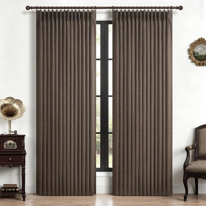 Blackout Dual Layer Thick Linen Room Divider Curtains 78 Inches Long, Dark Flax Memory Trained Pinch Pleated Noise Cancelling Insulated Rustic Windows Drapes Brown Colored Privacy Curtain 2 Panels Set