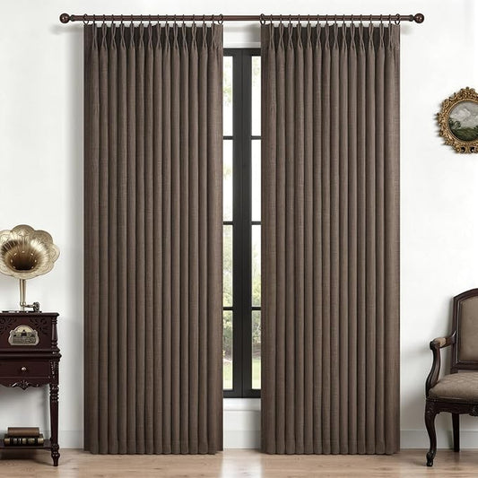 Blackout Dual Layer Thick Linen Room Divider Curtains 78 Inches Long, Dark Flax Memory Trained Pinch Pleated Noise Cancelling Insulated Rustic Windows Drapes Brown Colored Privacy Curtain 2 Panels Set
