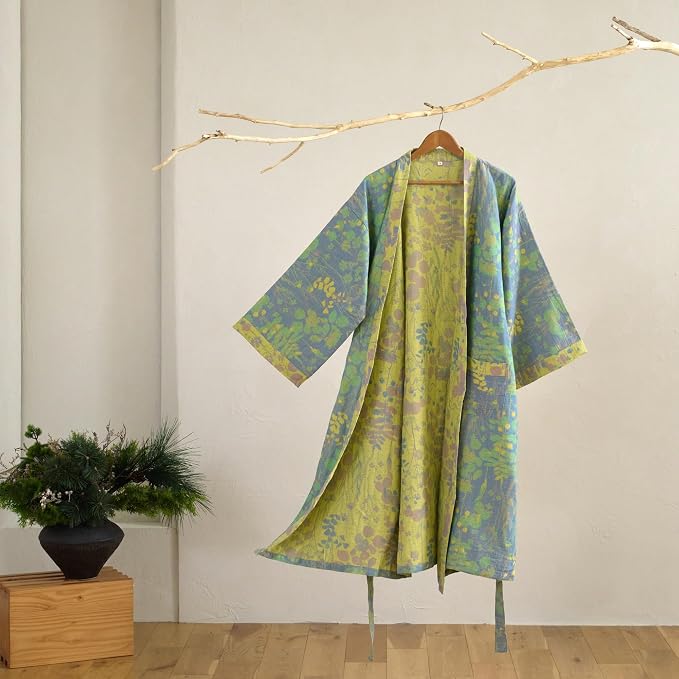 100% Cotton Gauze Ginkgo Leaf Kimono Robe, Long Knit Loose Bathrobe Nightgown Ladies Loungewear Sleepwear for Women