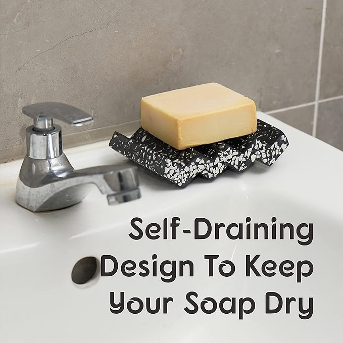 Tapeera Zig Zag Terrazzo Stone Soap Dish for Bathroom Sink - Concrete Soap Saver for Bar Soap Holder for Shower - Sponge Holder - Self Draining Soap Dish Holder - Kitchen Soap Tray (Black)