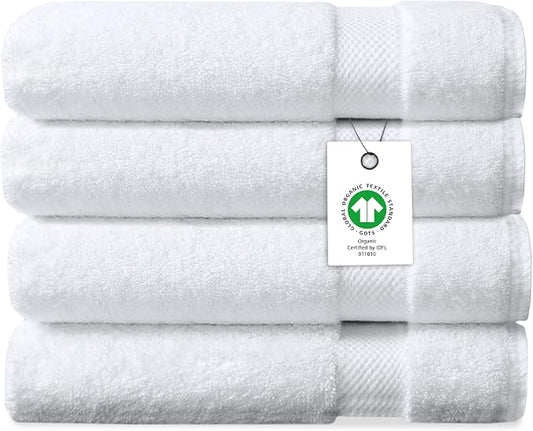 Organic Cotton Luxuriously Plush Bath Towel Pack of 4 | GOTS & OEKO-TEX Certified | Premium Hotel Quality Towels | Feather Touch Technology|650 GSM Long Staple|Soft, Quick Dry & Ultra-Absorbent