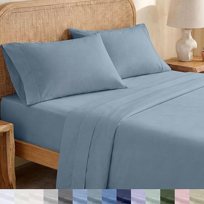 California Design Den Soft 100% Organic Sheets Full Size Bed Set with Deep Pockets - Crisp Percale Sheets, Breathable and Durable Bedding Set - Blue Hydrangea