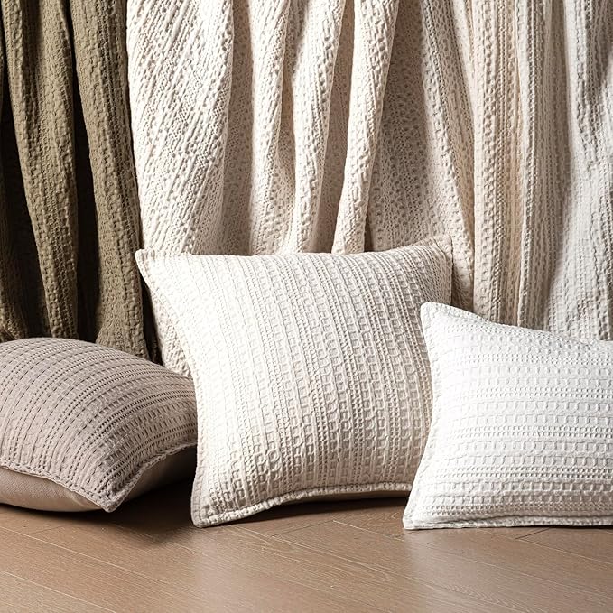 Foindtower Set of 2 Decorative Cotton Waffle Weave Throw Pillow Covers Euro Shams Cushion Covers Accent European Pillowcase for Bed Couch Sofa Bedroom Living Room Home Decor 26×26 Inch Natural Ivory