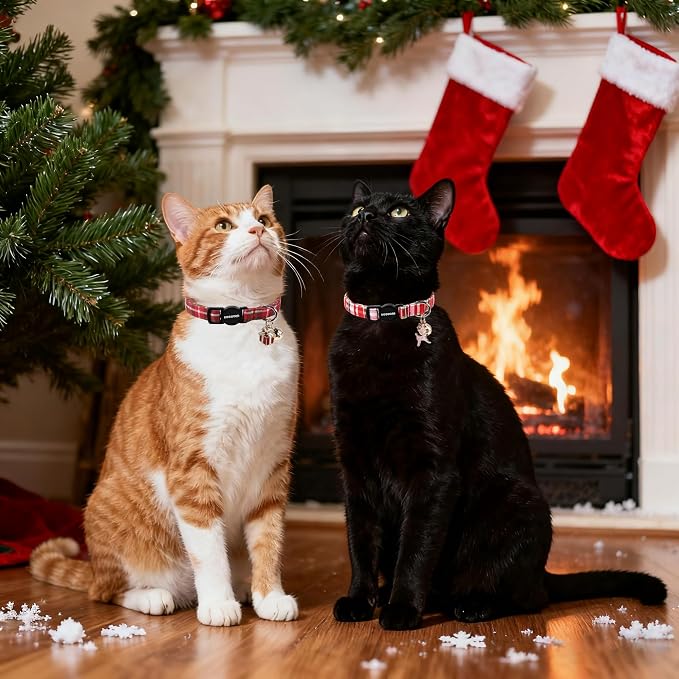 2 Pack Christmas Plaid Cat Collars Breakaway with Bell, DOGWONG Safety Buckle Red Plaid Cute Cat Collar for Girl Boy Cats，Adjustable 7-12 Inch