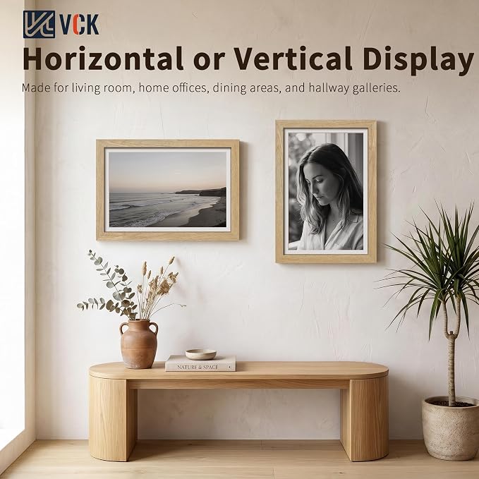 VCK 12x18 Picture Frames Natural - 3 Pack, Wide Border Solid Wood, Tempered Glass, Display 11x17 Photo with Mat or 12 x 18 Without, for Home, Office, Gallery, Woodgrain Series, Wall Hanging
