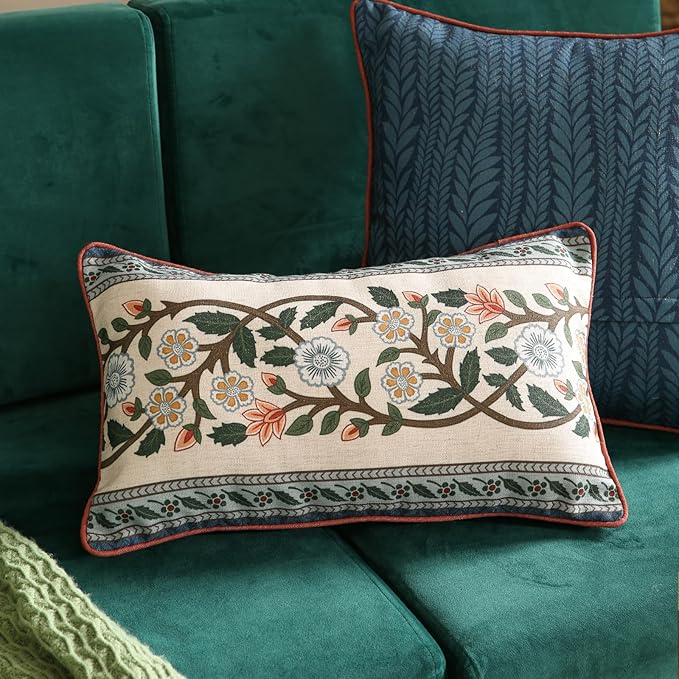 ISAENNE Design Lumbar Retro Elegant Linen Throw Pillow Covers 12"x20" Pack of 2, Blue Gray Floral Vine Pattern Cushion Covers Decor Rectangle Pillowcases for Bed,Living Room,Outdoor,Car