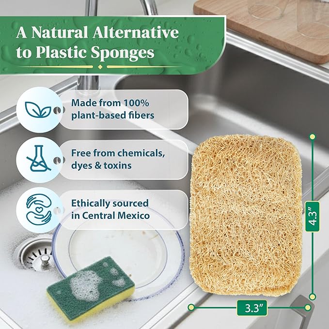 Natural Loofah Exfoliating Sponge (4 Pack) + Natural Loofah Kitchen Sponge (3 Pack) - Loofah Exfoliating Body Scrubber - Natural Sponges for Dishes - Biodegradable Sponges - Compostable Sponges