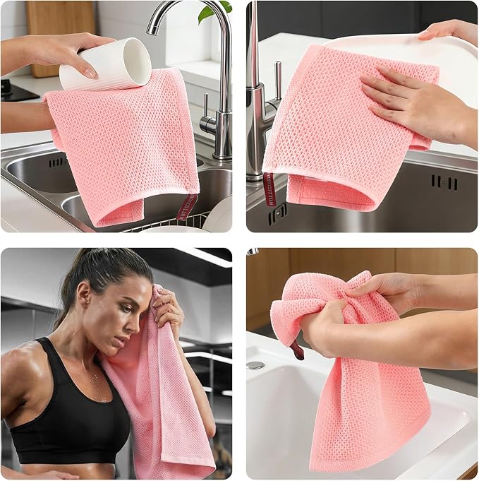 REDKISS Quick Dry Waffle Towel Set of 8, 100% Cotton,Lightweight & Highly Absorbent Waffle Towels for Bathroom, Spa, Gym, Pool-2 Bath Towels, 2 Hand Towels & 4 Washcloths,Pink