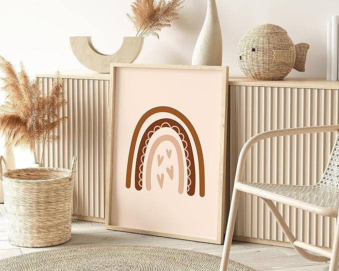 Y2K BOO Boho Nursery Rainbow UNFRAMED Wall Art with Hearts Earth Tones Terracotta Brown Scandi Minimalist Style 24x36 Inch Heavyweight Paper Kids Decor