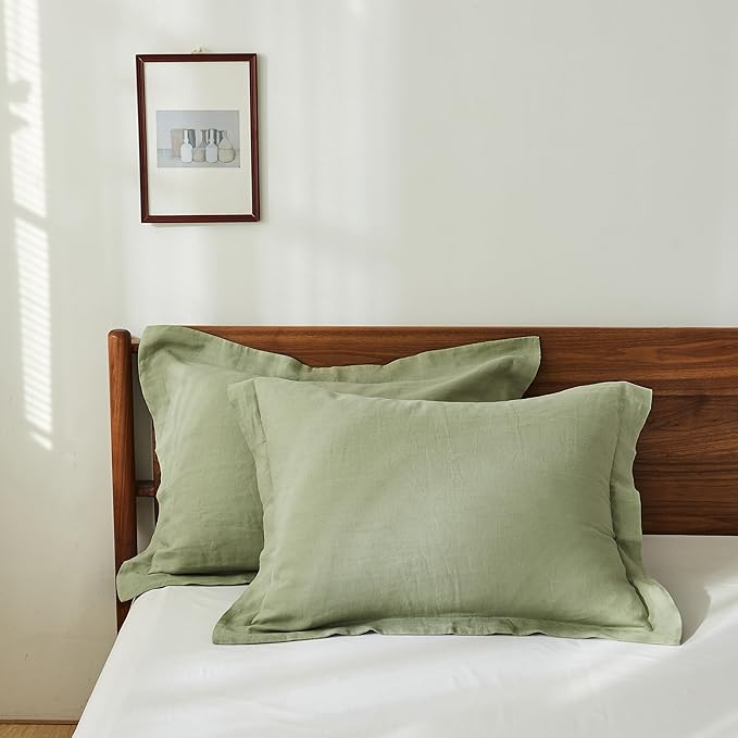 100% French Linen Pillow Shams Basic Style - Pack of 2 - Washed Solid Color Natural Flax Soft Breathable - Sage Green, 20' 'x 36''