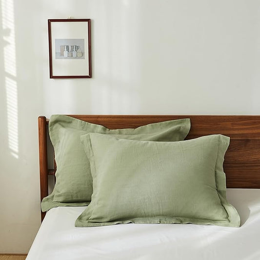 100% French Linen Pillow Shams Basic Style - Pack of 2 - Washed Solid Color Natural Flax Soft Breathable - Sage Green, 20'' x 26''