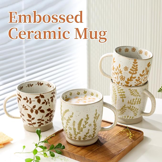 Ceramic Coffee Mug with Colorful Pattern, 18OZ Stoneware Coffee Mug with Large Handle, Tea Cup for Cappuccino, Cocoa, Latte, Tea, Microwave, Oven and Dishwasher Safe, Red leaves