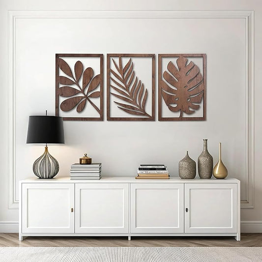 qmmp Modern Wooden Wall Sculptures - Set of 3 - Home Decor Accent - Large Wall Art for Living Room, Bedroom, Office - Easy Installation (Walnut, XLarge - Tree Leaves)