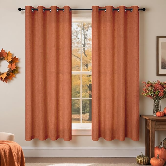 Ptialk Burnt Orange Curtains 63 Inch Length for Bedroom 2 Panels Set Grommet Semi Transparent Linen Sheer Boho Terracotta Curtains for Living Room Kids Nursery Teen Rust Brick Red Brown 52x63 Long