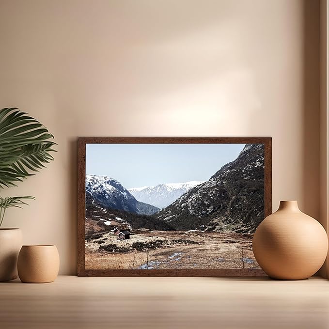 Monem Art Scandinavian Mountain Cabin Landscape Photography Print - Nordic Nature Scenic Art Poster - Wall Decor for Living Room, Bedroom or Office - 16x20 Brown Framed Wall Art by Mareike Bohmer