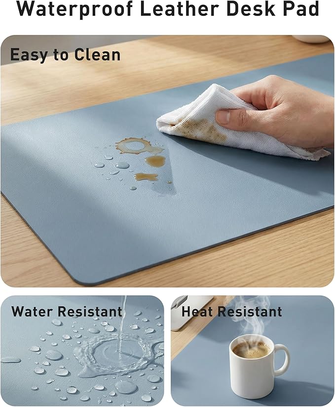 Aothia Faux Leather Desk Mat - Large Mouse Pad, Non-Slip PU Leather Blotter, Waterproof Writing Surface for Office and Home (Denim Blue, 63" x 24")