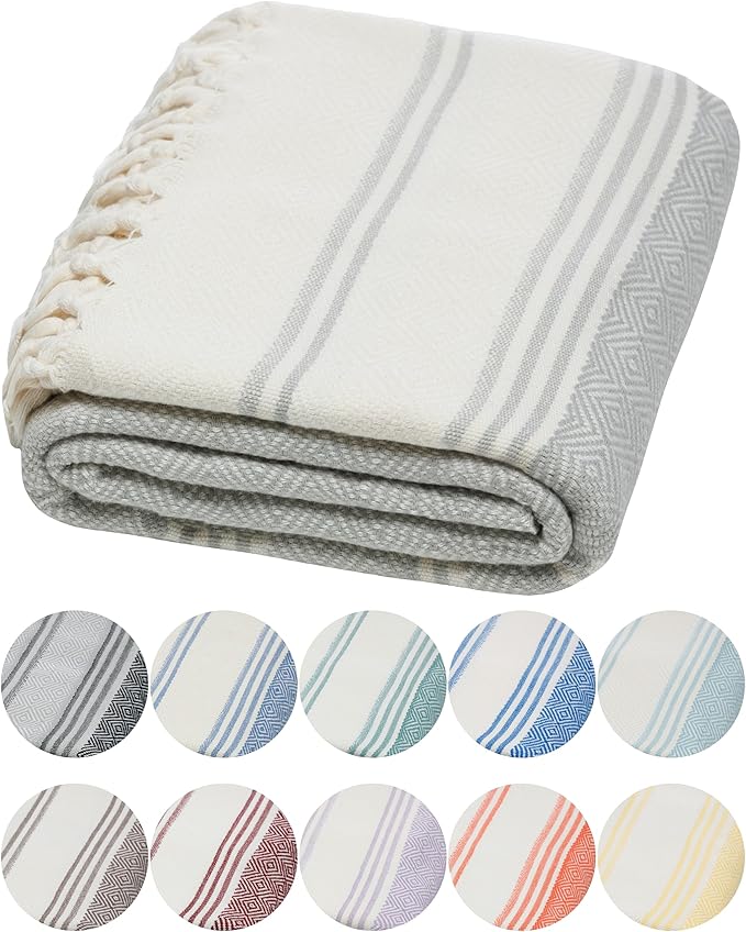DEMMEX Organic Diamond Turkish Bath & Beach Towel | 100% Oeko-TEX Certified Turkish Cotton, Ultra-Soft, Quick-Dry, Lightweight, Compact & Oversized Luxury Peshtemal Towel, Prewashed, 71"x36", Gray