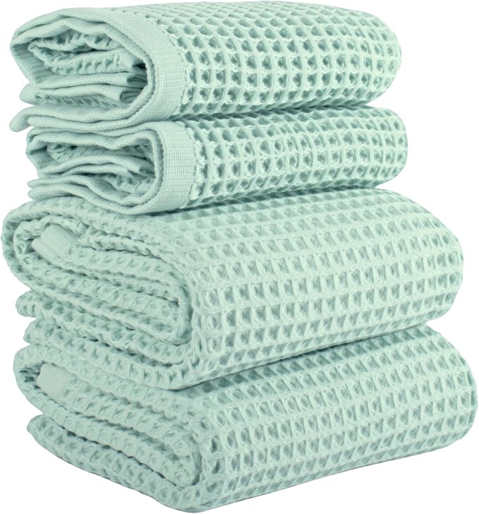 PÜSKÜL 4-Piece Natural 100% Turkish Cotton Luxury Waffle Towels for Bathroom | Premium Honeycomb Weave 2 Hand Towel & 2 Bath Towel Set | Soft Absorbent Quick-Dry Lightweight Towels (Ice Green)