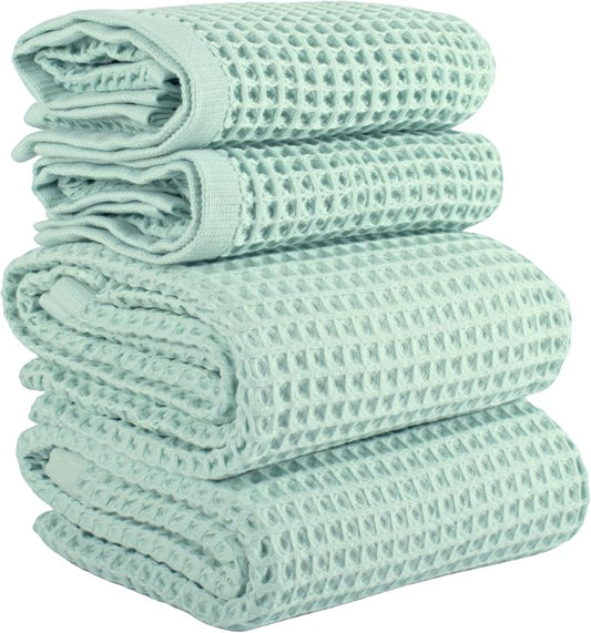 PÜSKÜL 4-Piece Natural 100% Turkish Cotton Luxury Waffle Towels for Bathroom | Premium Honeycomb Weave 2 Hand Towel & 2 Bath Towel Set | Soft Absorbent Quick-Dry Lightweight Towels (Ice Green)