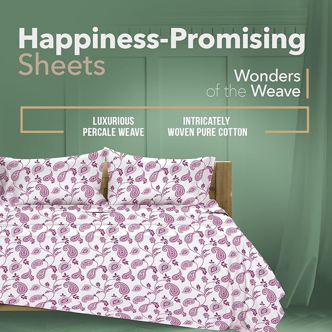 TEXAS LINEN CO. 100% Organic Cotton Sheets Twin Size - 3 PC Organic Cotton Percale Printed Sheets Twin Set (Paisley), Soft, Cooling Breathable Bedsheets, 16" Deep Pocket Hotel Bedding - GOTS Certified