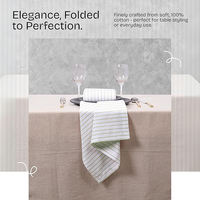 Lemon Green Stripe Cloth Napkins (Set of 12), 18x18 Inch, 100% Cotton, Classic Striped, Soft, Absorbent, Washable Fabric, Durable Table Napkin for Dinners, Luncheon, Everyday Dining