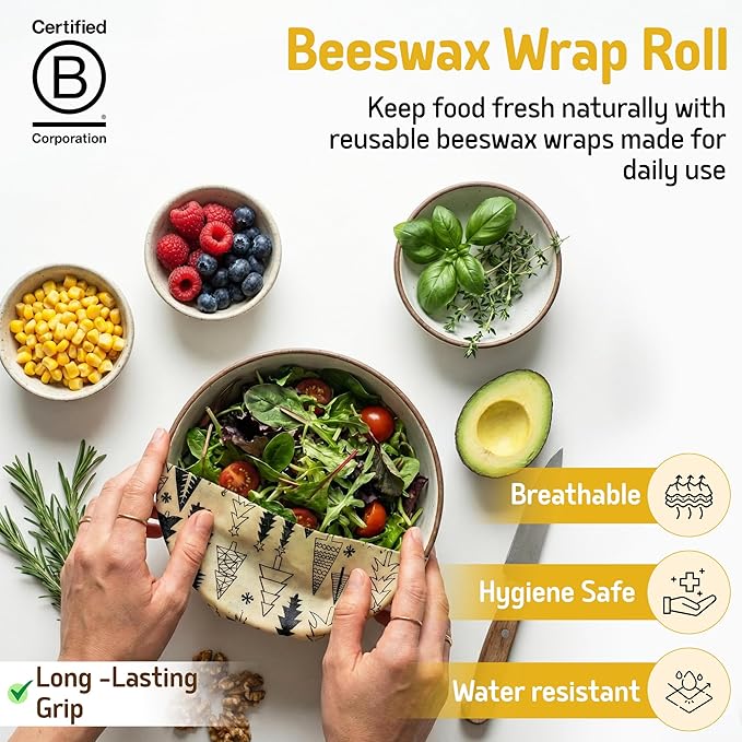 SUPERBEE Reusable Beeswax Wraps for Food – XL Beeswax Wrap Roll (35x13"), Bees Wrap Paper for Wrapping Cheese, Veggies, Sandwiches & Bowl Covers, Festive Holiday Print, Sustainable Gift Idea