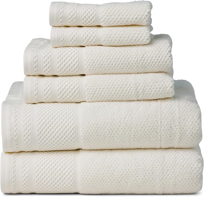 Texere 100% Organic Cotton Rice Weave Jacquard Luxury Bath Towel Sets - Soft and Absorbent Hotel and Spa Quality - 2 Large Bath Towels, 2 Hand Towels, 2 Washcloths (Rice Weave, Cream, 6 Piece)